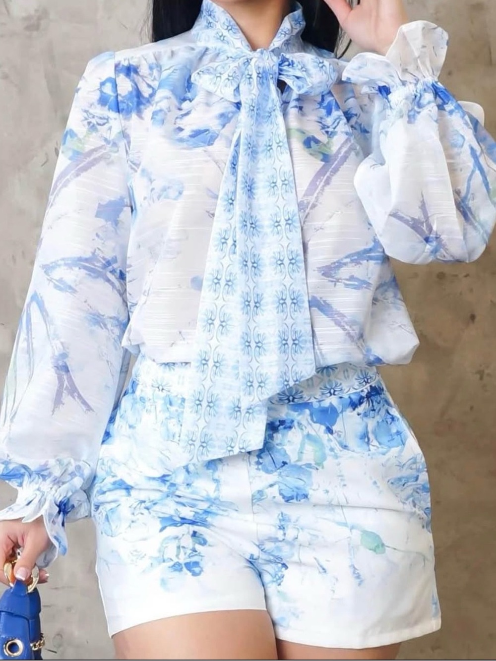 Light Blue Floral Tie-Neck Blouse and Shorts Set